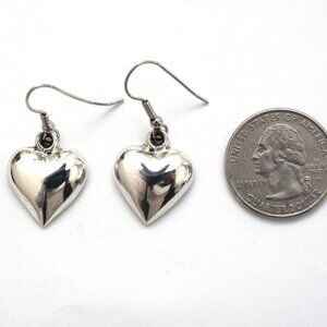Vintage Silver Drop Dangle Puffed Heart Earrings Marked TM-124 Mexico 925